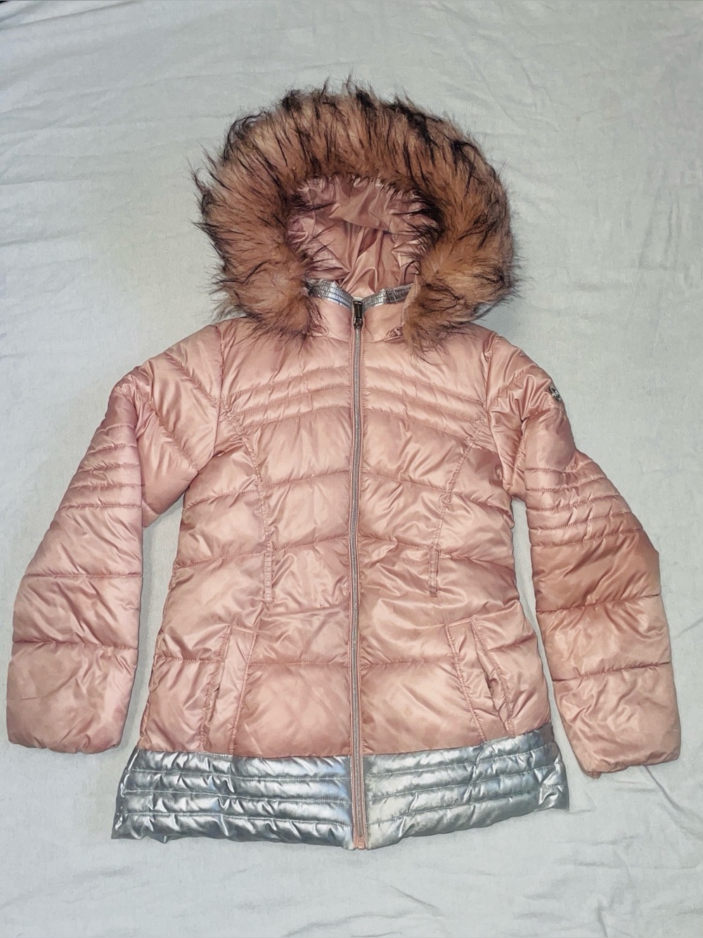 Michael Kors Size 14 Pink Puffer Coat Faux Fur Hood Winter Jacket Silver Hem